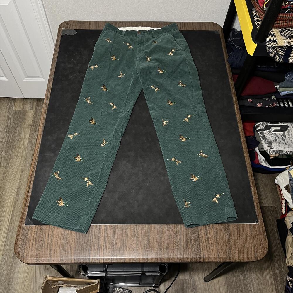 Polo Ralph Lauren Corduroy Chino Pants Mens 30x32 Green Mallard Duck Embroidered